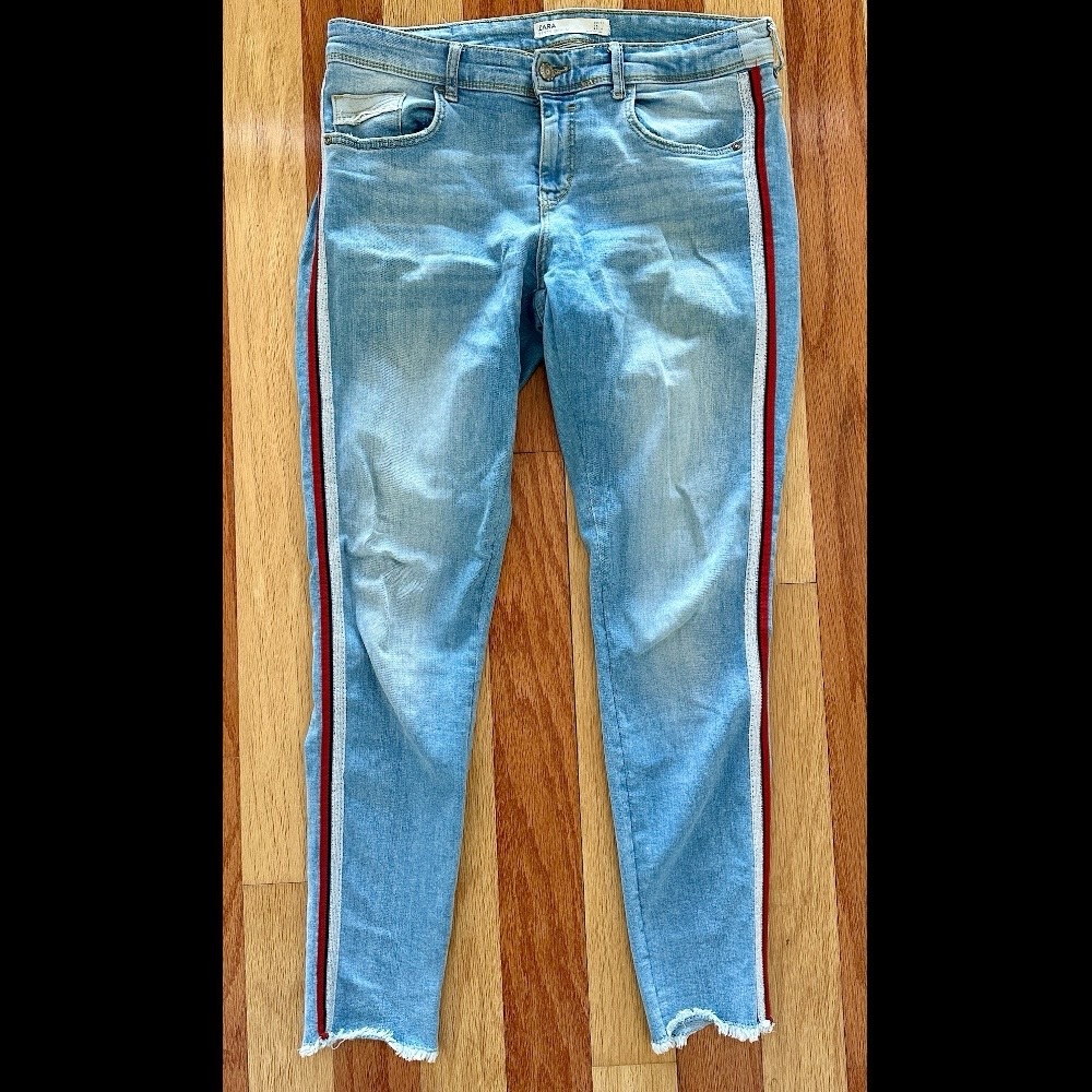 ZARA Z1975 DENIM JEANS LEGGINGS FADED WASH RED METALLIC SILVER STRIPES 8 EU40